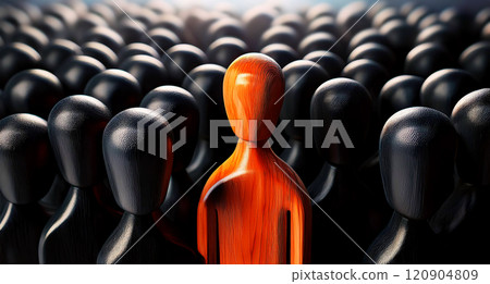 Closeup of One Single Orange Human Shape Among a Large Group of Black Ones - Generative Ai 120904809