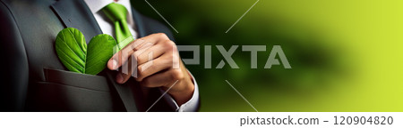 Closeup of a Businessman Putting a Heart-Shaped Green Leaf in His Pocket - Generative Ai 120904820