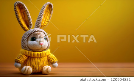 Closeup of a Cute Knitted Easter Bunny on a Yellow Background with Copy Space - Generative Ai 120904821