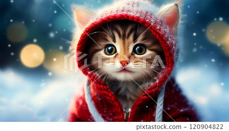 Closeup of a Cute Little Kitten Wearing in a Warm Winter Sweater - Generative Ai 120904822