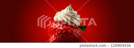 Delicious Red Strawberry with Whipped Cream Against a Vibrant Red Background - Generative Ai 120904836