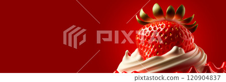Delicious Red Strawberry with Whipped Cream Against a Vibrant Red Background - Generative Ai 120904837
