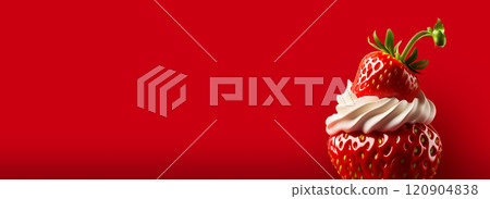 Delicious Red Strawberry with Whipped Cream Against a Vibrant Red Background - Generative Ai 120904838