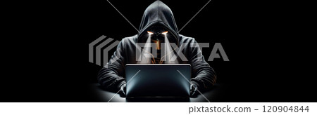 Computer Hacker Stealing Data From a Laptop Computer on Black Background - Generative Ai 120904844