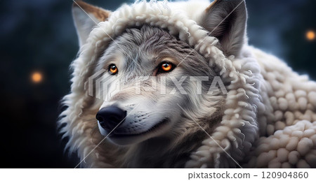 Extreme Close-up of a White Wolf in Sheep Costume Looking Away - Generative Ai 120904860