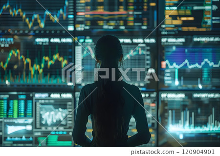 Woman analyzing data on glowing monitors 120904901