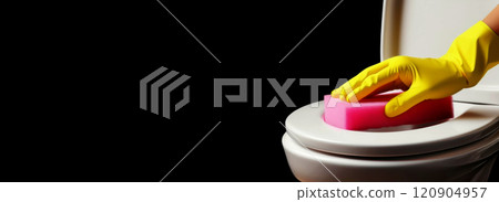 Female Hands with Yellow Gloves and Pink Sponge Cleaning a Toilet Seat - Generative Ai 120904957