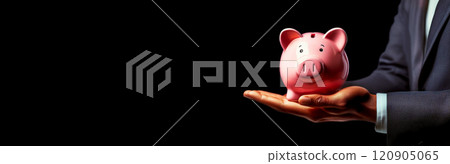 Hand of businessman Holding a Smiling Pink Piggy Bank on a Black Background - Generative Ai 120905065