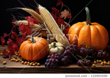 Autumn still life with pumpkins, corn and grapes. 120905090