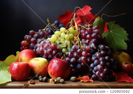 Autumn still life with grapes, apples and leaves. 120905092