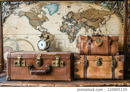 Vintage travel suitcases and map. Explorer and adventure concept. Time to travel Vintage travel suitcases and map. Explorer and adventure concept. Time to travel 120905139