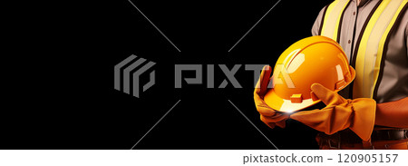 Hands with Protective Work Gloves Holding a Yellow-Orange Safety Helmet - Generative Ai 120905157