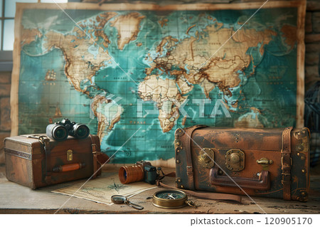 Vintage traveler luggage and map on the wall. Explorer and adventure concept. 120905170