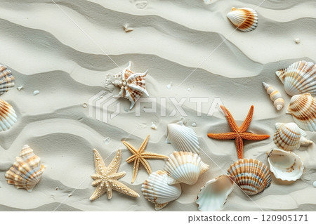 Beautiful seashells and starfish on a white sand beach with copy space top view. Copy space 120905171