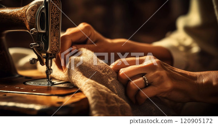 Hands of a Seamstress Who Expertly Sews a Linen Fabric with Her Old Sewing Machine - Generative Ai 120905172