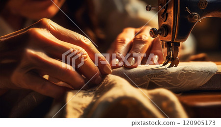 Hands of a Seamstress Who Expertly Sews a Linen Fabric with Her Old Sewing Machine - Generative Ai 120905173