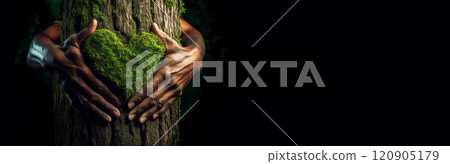 Hands of Man Hugging a Tree Trunk with Green Moss in the Shape of a Heart - Generative Ai Hands of Man Hugging a Tree Trunk with Green Moss in the Shape of a Heart - Generative Ai 120905179