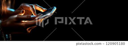 Hands of Woman Using a Smartphone on a Black Background with Copy Space - Generative Ai Hands of Woman Using a Smartphone on a Black Background with Copy Space - Generative Ai 120905180