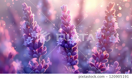 Close-up of delicate lavender flowers blooming in a field, bathed in soft sunlight. 120905191