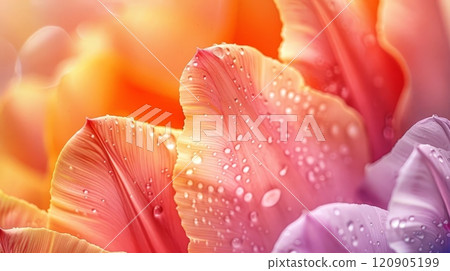 Close-up of delicate tulip petals with dew drops, showcasing vibrant colors and soft textures. 120905199