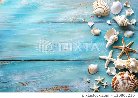 Summer time concept with sea shells and starfish on a blue wooden background. Copyspace 120905230
