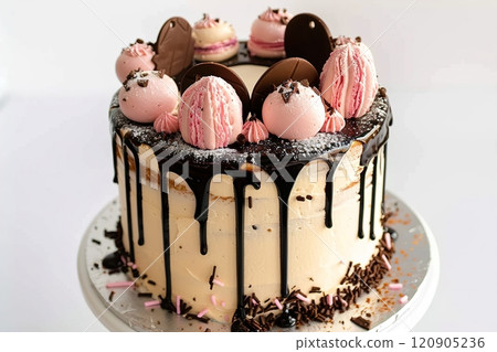 Beautiful festive chocolate cream cake decorated with bizet. Side view, close-up 120905236