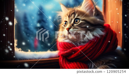 Kitten Wrapped in a Warm Scarf While Looking at the Winter Landscape Outside the Window - Generative Ai 120905254