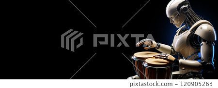 Humanoid Robot Hands Playing Wooden Bongos on Black Background - Generative Ai Humanoid Robot Hands Playing Wooden Bongos on Black Background - Generative Ai 120905263