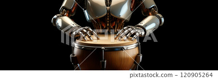 Humanoid Robot Hands Playing Wooden Bongos on Black Background - Generative Ai 120905264