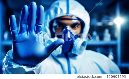 Male Scientist in Protective Hazmat Suit with Hand Raised in Stop Gesture - Generative Ai 120905293