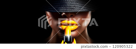 Mysterious Fashion Model Applying Yellow Lipstick on Soft Plump Lips - Generative Ai 120905322