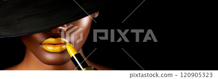 Mysterious Fashion Model Applying Yellow Lipstick on Soft Plump Lips - Generative Ai 120905323
