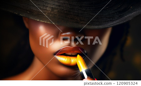 Mysterious Fashion Model Applying Yellow Lipstick on Soft Plump Lips - Generative Ai 120905324