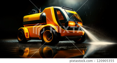 Pressure Water Jet Cleaning Machine on a Wet Black Dark Pavement - Generative Ai 120905355