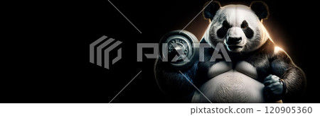 Obese Giant Panda Bear Lifting Weights in Order to Lose Weight on Black Background - Generative Ai 120905360