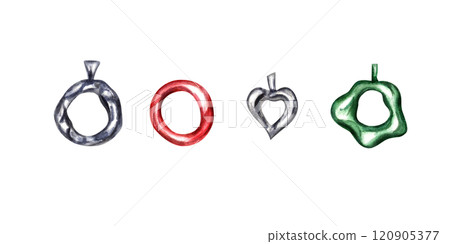 Shiny silver, red, green pendants of different shapes for bracelets and beads clip art illustration isolated background. Exquisite women's jewelry set to complete your look. For wedding design. Shiny silver, red, green pendants of different shapes for bracelets and beads clip art illustration isolated background. Exquisite women's jewelry set to complete your look. For wedding design. 120905377