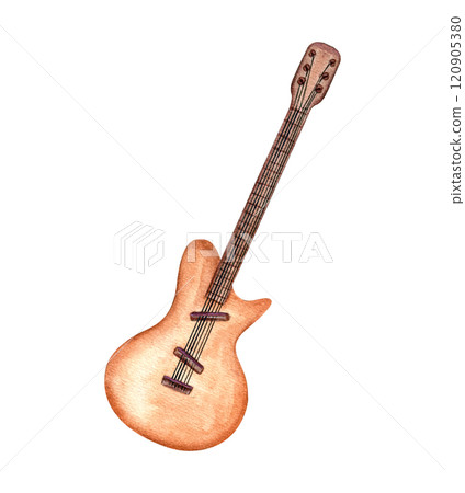 Watercolor brown musical stringed instrument, electric guitar illustration isolated background. Six string guitar clip art. Element for music website design, cards, music lesson posters, stickers. 120905380