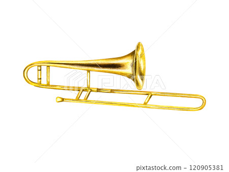 Watercolor classical shiny trombone illustration clip art. Hand painted musical golden metallic instrument. Side view. Element for orchestra greeting card, children music lesson design, stickers. 120905381