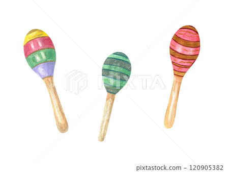Three watercolor maracas with colorful striped ornaments illustration clip art isolated background. Musical percussion instrument for Cinco de mayo greeting cards, carnival invitations, stickers. Three watercolor maracas with colorful striped ornaments illustration clip art isolated background. Musical percussion instrument for Cinco de mayo greeting cards, carnival invitations, stickers. 120905382