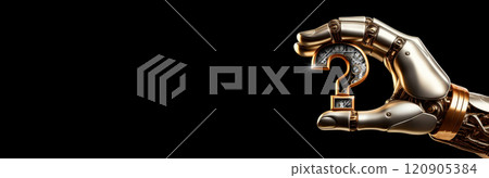 Robot Hand Holding a Metallic Question Mark on a Black Background - Generative Ai Robot Hand Holding a Metallic Question Mark on a Black Background - Generative Ai 120905384