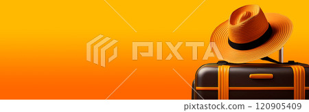 Suitcase or Luggage Bag With Straw Hat on an Orange-Yellow Background - Generative Ai 120905409