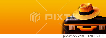 Suitcase or Luggage Bag With Straw Hat on an Orange-Yellow Background - Generative Ai 120905410