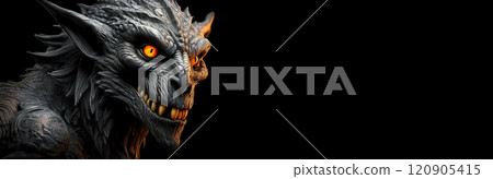 Scary Monster with Orange Eyes Looking Away on Black Background - Generative Ai 120905415