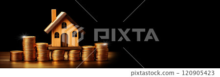 Small Model House on Top of a Stack of Gold Coins Isolated on Black Background - Generative Ai 120905423
