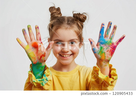 Girl with hands painted with multi-colored paints on a white background. Children's creativity concept. Girl with hands painted with multi-colored paints on a white background. Children's creativity concept. 120905433