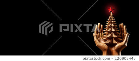 Wooden Cupped Hands Holding a Small Wooden Christmas Tree on Black Background - Generative Ai Wooden Cupped Hands Holding a Small Wooden Christmas Tree on Black Background - Generative Ai 120905443