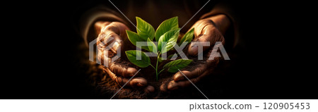 Top View of Farmer wrinkled Hands Protecting a Young Plant Above the Ground - Generative Ai 120905453