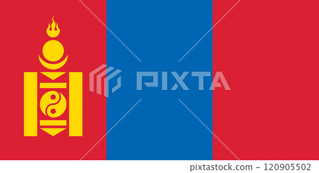 Mongolia flag in official colors, dimensions and aspect ratio. Vector flag symbolizing national pride, identity, heritage, patriotism and authority Mongolia flag in official colors, dimensions and aspect ratio. Vector flag symbolizing national pride, identity, heritage, patriotism and authority 120905502