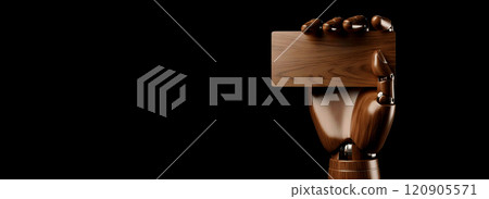 Wooden Hand Holding an Empty Wooden Business Card on Black Background - Generative Ai 120905571