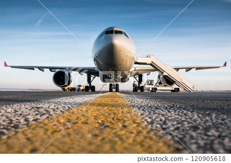 Front view of passenger airplane and boarding stairs at the airport apron 120905618